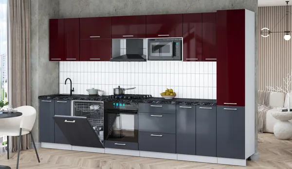 Изображение товара Кухонный гарнитур Interline Мила Gloss 3.4-ПМ2 (асфальт глянец/бордовый глянец/кастилло темный)