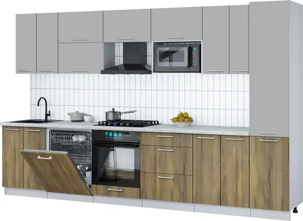 Изображение товара Кухонный гарнитур Interline Мила Gloss 3.4-ПМ2 (дуб вотан/грей/серый каспий)