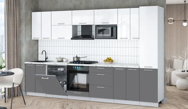 Изображение товара Кухонный гарнитур Interline Мила Gloss 3.4-ПМ2 (серый/белый глянец/белый гранит)