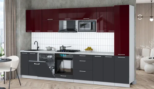 Изображение товара Кухонный гарнитур Interline Мила Gloss 3.4-ПМ2 (пепел/бордовый глянец/серый каспий)