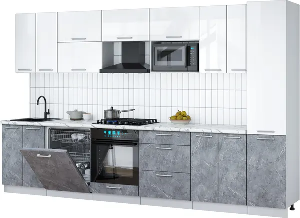 Изображение товара Кухонный гарнитур Interline Мила Gloss 3.4-ПМ2 (керамика/белый глянец/белый гранит)