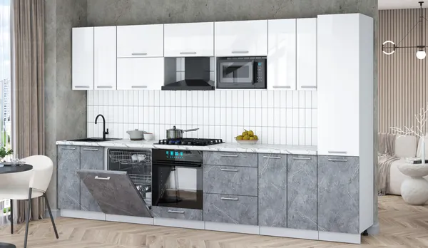 Изображение товара Кухонный гарнитур Interline Мила Gloss 3.4-ПМ2 (керамика/белый глянец/белый гранит)