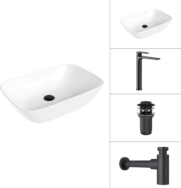 Изображение товара Умывальник со смесителем Lauter 21454 + Reef 21CK8678BS + сифон 21635B + дон.клапан 21190B (черный матовый)