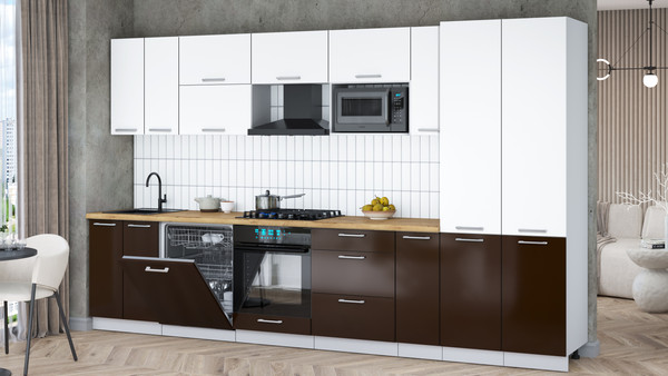 Изображение товара Кухонный гарнитур Интерлиния Мила Gloss 3.5-ПМ2 (шоколад глянец/белый/дуб бунратти)