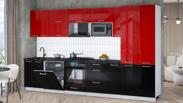 Изображение товара Кухонный гарнитур Интерлиния Мила Gloss 3.5-ПМ2 (черный глянец/красный глянец/кастилло темный)