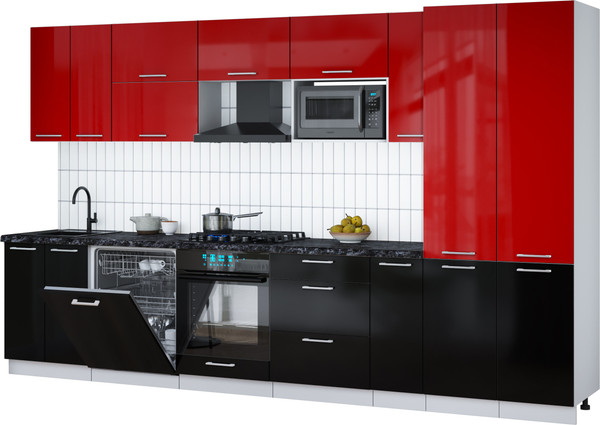 Изображение товара Кухонный гарнитур Интерлиния Мила Gloss 3.5-ПМ2 (черный глянец/красный глянец/кастилло темный)