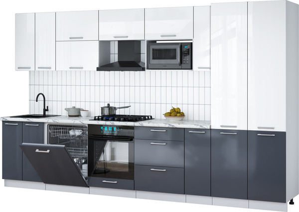 Изображение товара Кухонный гарнитур Интерлиния Мила Gloss 3.5-ПМ2 (асфальт глянец/белый глянец/белый гранит)