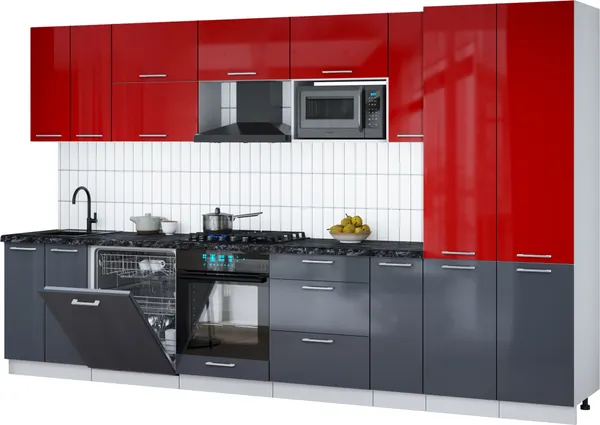 Изображение товара Кухонный гарнитур Interline Мила Gloss 3.5-ПМ2 (асфальт глянец/красный глянец/кастилло темный)
