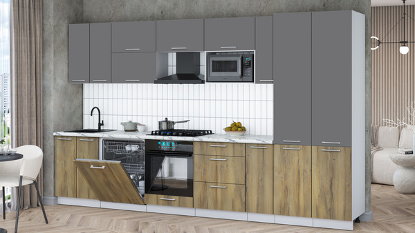 Изображение товара Кухонный гарнитур Интерлиния Мила Gloss 3.5-ПМ2 (дуб вотан/серый/белый гранит)