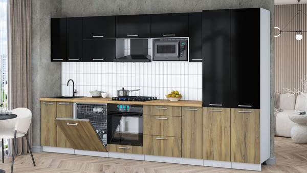 Изображение товара Кухонный гарнитур Интерлиния Мила Gloss 3.5-ПМ2 (дуб вотан/черный глянец/дуб бунратти)