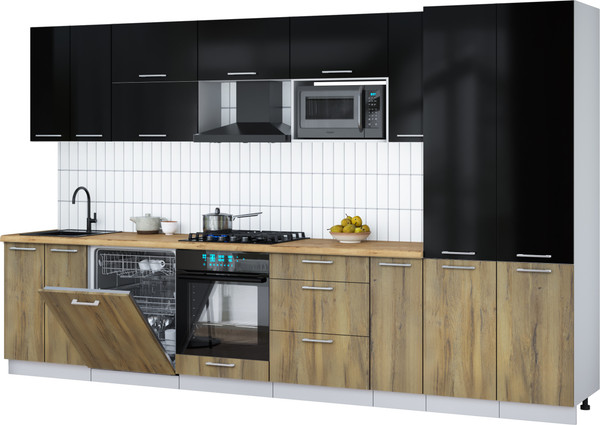 Изображение товара Кухонный гарнитур Интерлиния Мила Gloss 3.5-ПМ2 (дуб вотан/черный глянец/дуб бунратти)