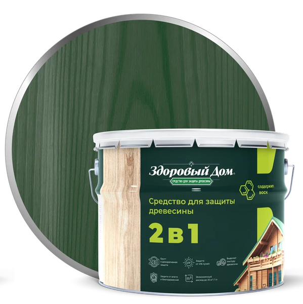 Изображение товара Защитно-декоративный состав Здоровый дом 2в1 Еловая зелень (9л)