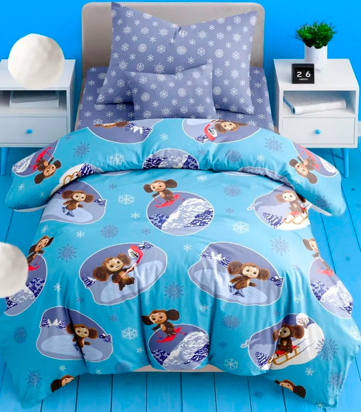 Изображение товара Комплект постельного белья Ночь нежна Чебурашка Зимние игры 1.5сп 50x70 / 500303-1+500304-1