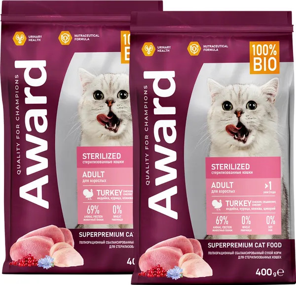 Изображение товара Сухой корм для кошек Award Sterilized с индейкой и курицей с добавлением клюквы и цикория (400+400г)