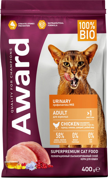 Изображение товара Сухой корм для кошек Award Urinary с курицей с добавлением клюквы, цикория и рыбьего жира (400+400г)