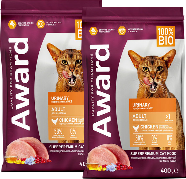Изображение товара Сухой корм для кошек Award Urinary с курицей с добавлением клюквы, цикория и рыбьего жира (400+400г)