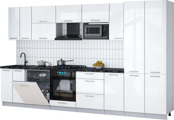 Изображение товара Кухонный гарнитур Интерлиния Мила Gloss 3.6-ПМ2 (белый глянец/белый глянец/кастилло темный)