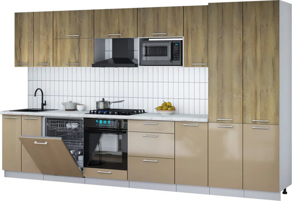 Изображение товара Кухонный гарнитур Интерлиния Мила Gloss 3.6-ПМ2 (капучино глянец/дуб вотан/серый каспий)