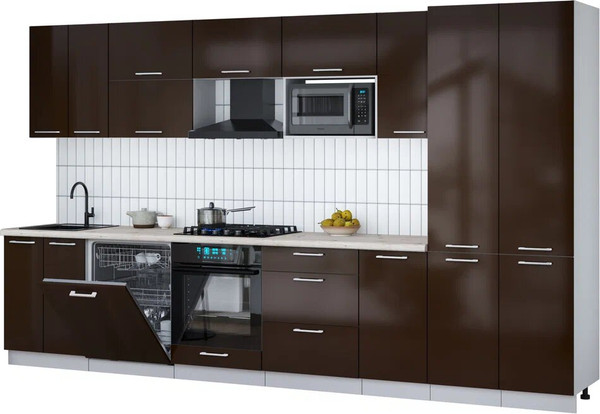 Изображение товара Кухонный гарнитур Интерлиния Мила Gloss 3.6-ПМ2 (шоколад глянец/шоколад глянец/бискайская сосна)