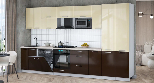 Изображение товара Кухонный гарнитур Интерлиния Мила Gloss 3.6-ПМ2 (шоколад глянец/ваниль глянец/травертин серый)
