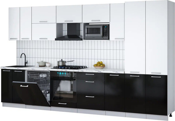 Изображение товара Кухонный гарнитур Интерлиния Мила Gloss 3.6-ПМ2 (черный глянец/белый/белый гранит)