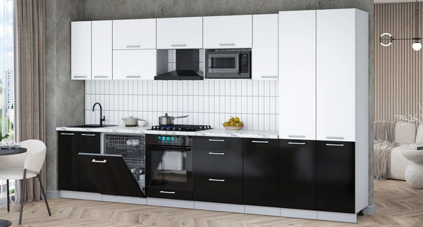 Изображение товара Кухонный гарнитур Интерлиния Мила Gloss 3.6-ПМ2 (черный глянец/белый/белый гранит)