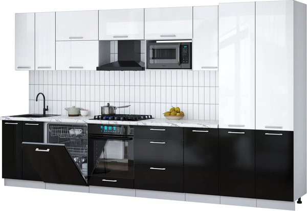 Изображение товара Кухонный гарнитур Интерлиния Мила Gloss 3.6-ПМ2 (черный глянец/белый глянец/белый гранит)