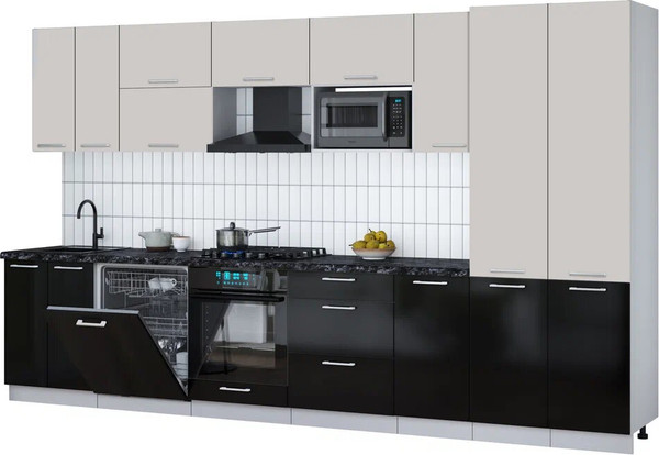 Изображение товара Кухонный гарнитур Интерлиния Мила Gloss 3.6-ПМ2 (черный глянец/кашемир/кастилло темный)