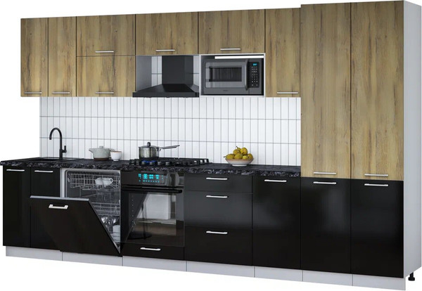 Изображение товара Кухонный гарнитур Интерлиния Мила Gloss 3.6-ПМ2 (черный глянец/дуб вотан/кастилло темный)