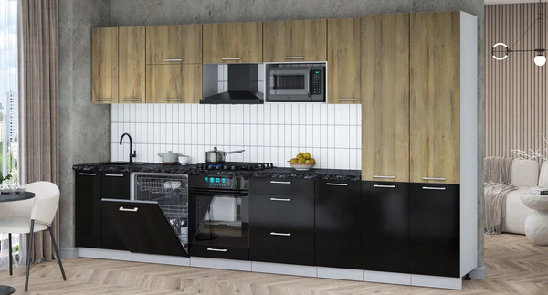 Изображение товара Кухонный гарнитур Интерлиния Мила Gloss 3.6-ПМ2 (черный глянец/дуб вотан/кастилло темный)