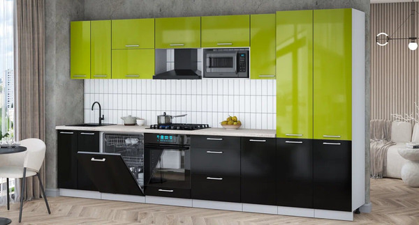 Изображение товара Кухонный гарнитур Интерлиния Мила Gloss 3.6-ПМ2 (черный глянец/яблоко глянец/травертин серый)