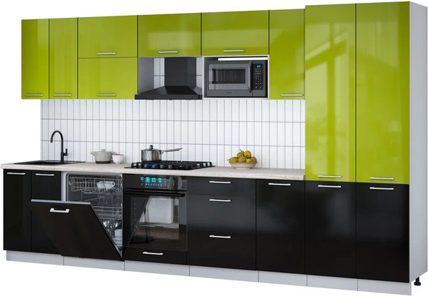 Изображение товара Кухонный гарнитур Интерлиния Мила Gloss 3.6-ПМ2 (черный глянец/яблоко глянец/травертин серый)