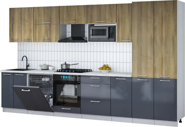 Изображение товара Кухонный гарнитур Интерлиния Мила Gloss 3.6-ПМ2 (асфальт глянец/дуб вотан/серый каспий)