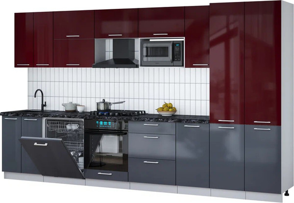 Изображение товара Кухонный гарнитур Интерлиния Мила Gloss 3.6-ПМ2 (асфальт глянец/бордовый глянец/кастилло темный)