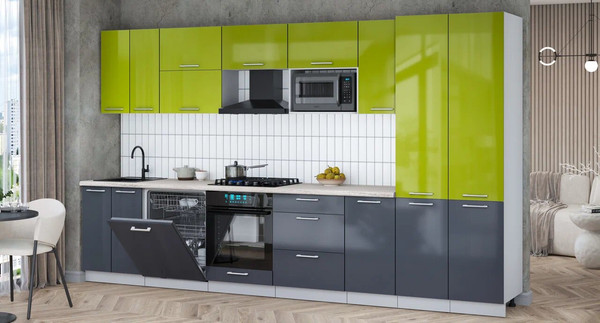 Изображение товара Кухонный гарнитур Интерлиния Мила Gloss 3.6-ПМ2 (асфальт глянец/яблоко глянец/травертин серый)