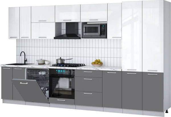 Изображение товара Кухонный гарнитур Интерлиния Мила Gloss 3.6-ПМ2 (серый/белый глянец/белый гранит)