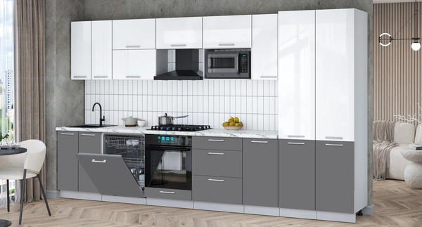 Изображение товара Кухонный гарнитур Интерлиния Мила Gloss 3.6-ПМ2 (серый/белый глянец/белый гранит)