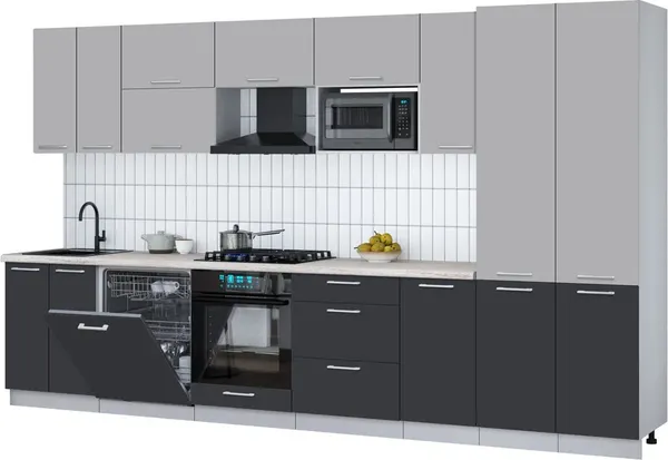 Изображение товара Кухонный гарнитур Interline Мила Gloss 3.6-ПМ2 (пепел/грей/травертин серый)