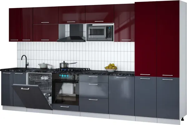 Изображение товара Кухонный гарнитур Interline Мила Gloss 3.7-ПМ2 (асфальт глянец/бордовый глянец/кастилло темный)