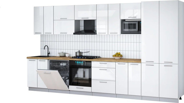 Изображение товара Кухонный гарнитур Интерлиния Мила Gloss 3.8-ПМ2 (белый глянец/белый глянец/дуб бунратти)