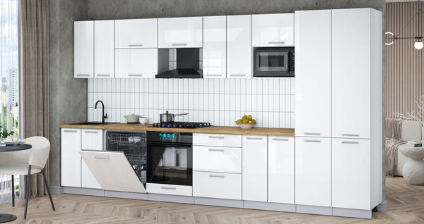 Изображение товара Кухонный гарнитур Интерлиния Мила Gloss 3.8-ПМ2 (белый глянец/белый глянец/дуб бунратти)