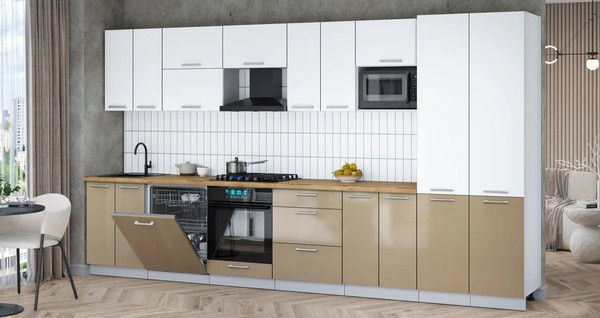 Изображение товара Кухонный гарнитур Интерлиния Мила Gloss 3.8-ПМ2 (капучино глянец/белый/дуб бунратти)