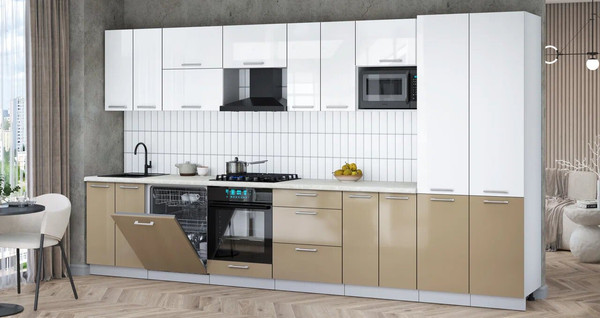 Изображение товара Кухонный гарнитур Интерлиния Мила Gloss 3.8-ПМ2 (капучино глянец/белый глянец/опал светлый)