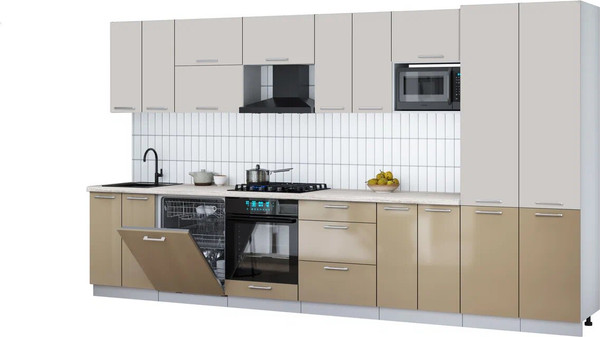 Изображение товара Кухонный гарнитур Интерлиния Мила Gloss 3.8-ПМ2 (капучино глянец/кашемир/травертин серый)