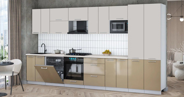 Изображение товара Кухонный гарнитур Интерлиния Мила Gloss 3.8-ПМ2 (капучино глянец/кашемир/травертин серый)