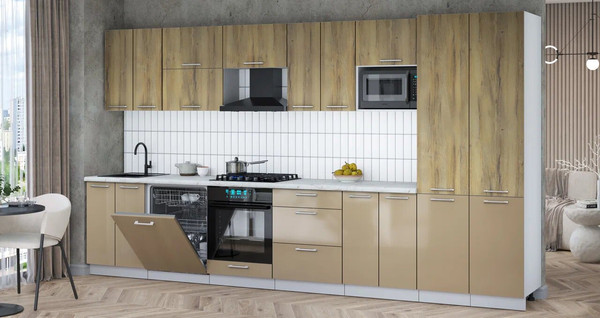 Изображение товара Кухонный гарнитур Интерлиния Мила Gloss 3.8-ПМ2 (капучино глянец/дуб вотан/серый каспий)