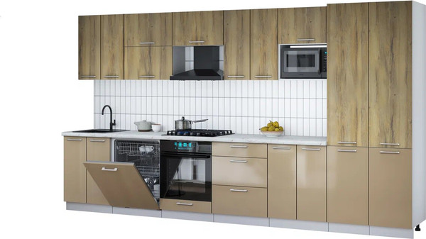 Изображение товара Кухонный гарнитур Интерлиния Мила Gloss 3.8-ПМ2 (капучино глянец/дуб вотан/серый каспий)