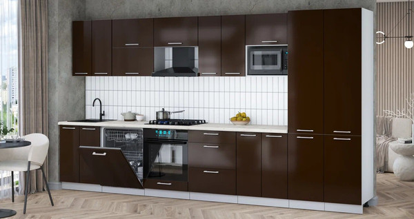 Изображение товара Кухонный гарнитур Интерлиния Мила Gloss 3.8-ПМ2 (шоколад глянец/шоколад глянец/бискайская сосна)