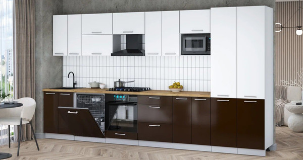 Изображение товара Кухонный гарнитур Интерлиния Мила Gloss 3.8-ПМ2 (шоколад глянец/белый/дуб бунратти)