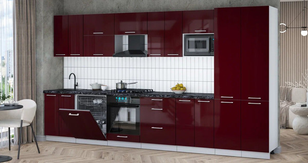 Изображение товара Кухонный гарнитур Интерлиния Мила Gloss 3.8-ПМ2 (бордовый глянец/бордовый глянец/кастилло темный)